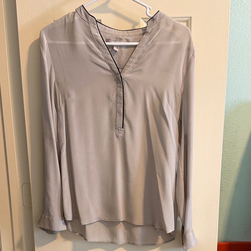 Banana Republic Light Gray Silk Blouse with Black Trim